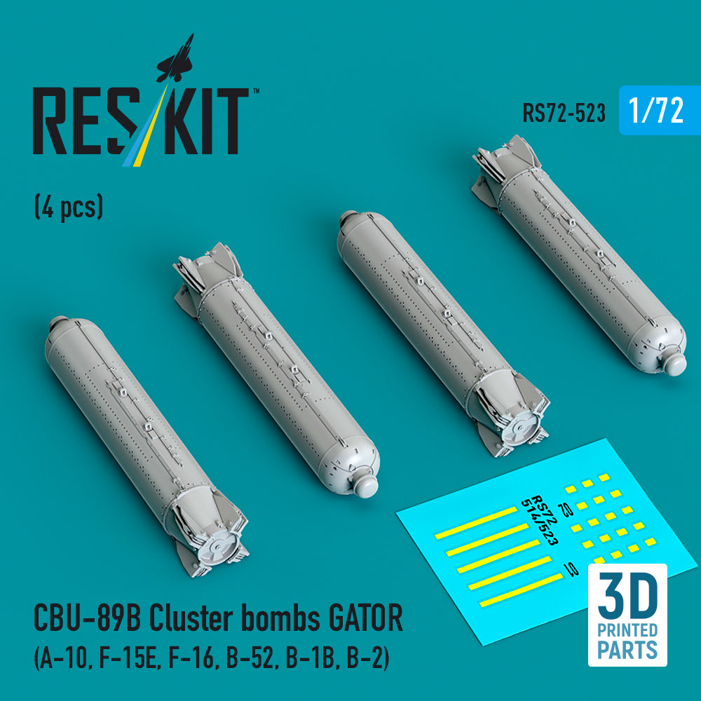 CBU-89B Cluster Bombs GATOR (4 pcs) (A-10, F-15E, F-16, B-52, B-1B, B-2) (3D Printed) Scale 1:72 ResKit RS72-0523 for Aircraft Model Kit