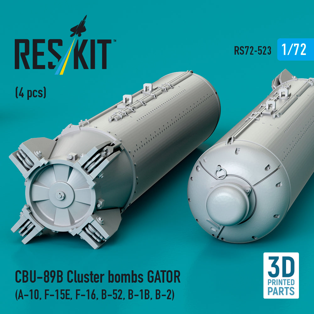 CBU-89B Cluster Bombs GATOR (4 pcs) (A-10, F-15E, F-16, B-52, B-1B, B-2) (3D Printed) Scale 1:72 ResKit RS72-0523 for Aircraft Model Kit