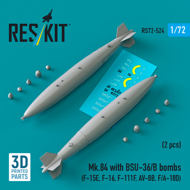 Mk,84 with BSU-36/B Bombs (2 pcs) (F-15E, F-16, F-111F, AV-8B, F/A-18D) (3D Printed) Scale 1:72 ResKit RS72-0524 for Aircraft Model Kit