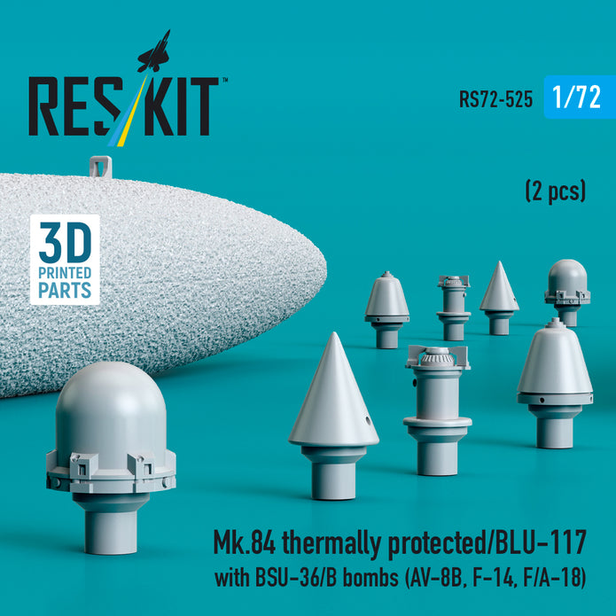 Mk,84 Thermally Protected/BLU-117 with BSU-36/B Bombs (2 pcs) (AV-8B, F-14, F/A-18) (3D Printed) Scale 1:72 ResKit RS72-0525 for Aircraft Model Kit