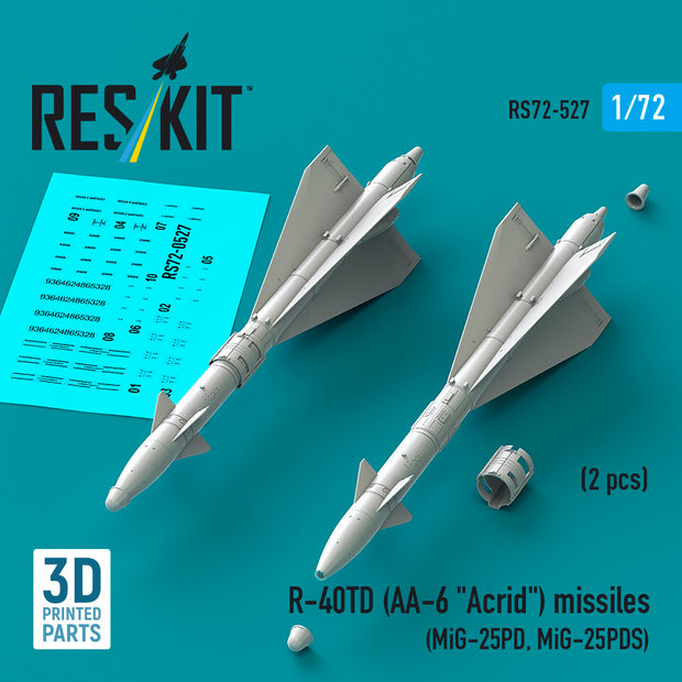 R-40TD (AA-6 Acrid) Missiles (2 pcs) (MiG-25PD, MiG-25PDS) (3D Printed) Scale 1:72 ResKit RS72-0527 for Aircraft Model Kit