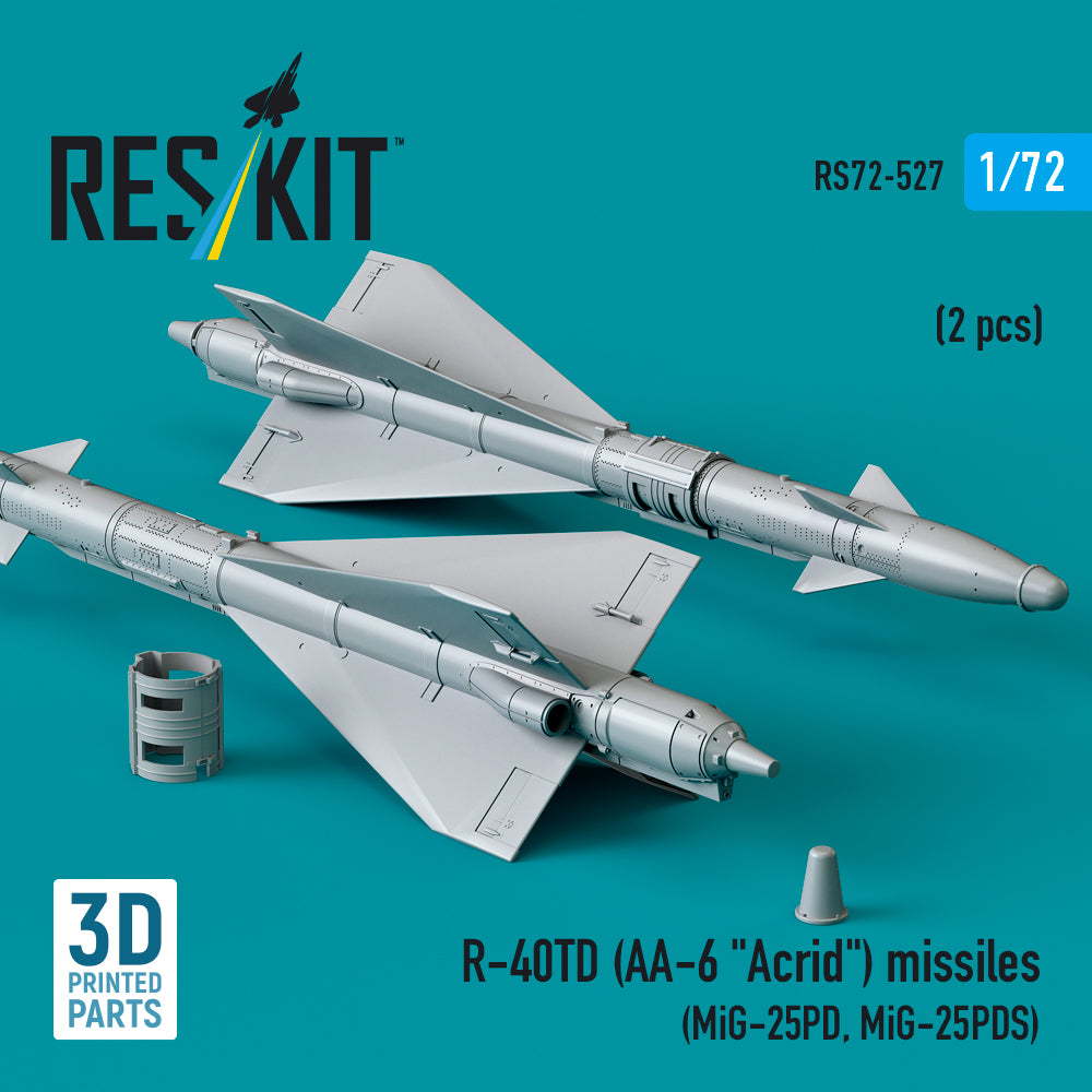 R-40TD (AA-6 Acrid) Missiles (2 pcs) (MiG-25PD, MiG-25PDS) (3D Printed) Scale 1:72 ResKit RS72-0527 for Aircraft Model Kit