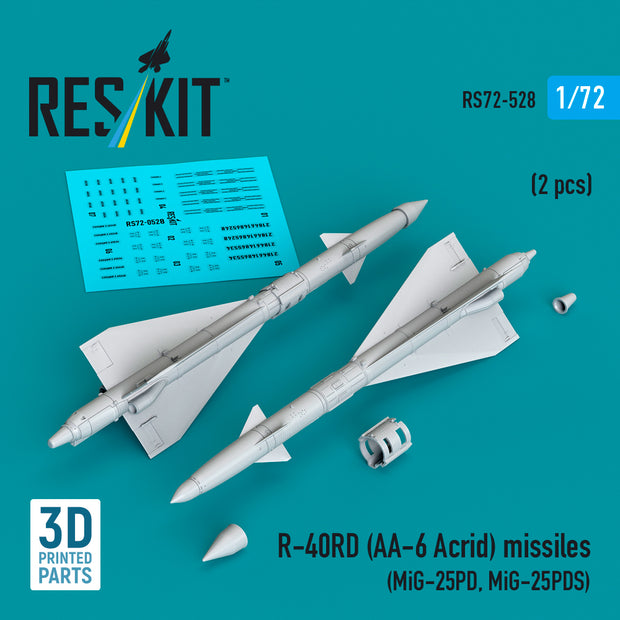 R-40RD (AA-6 Acrid) Missiles (2 pcs) (MiG-25PD, MiG-25PDS) (3D Printed) Scale 1:72 ResKit RS72-0528 for Aircraft Model Kit