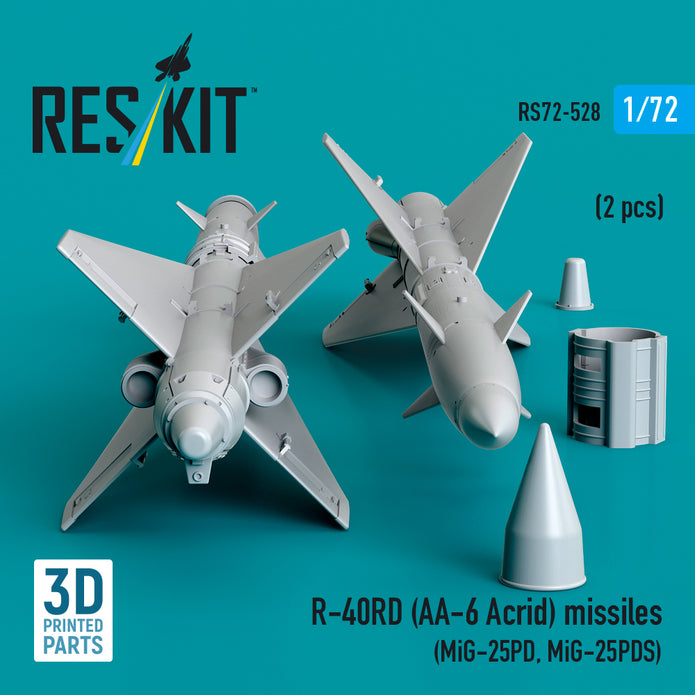 R-40RD (AA-6 Acrid) Missiles (2 pcs) (MiG-25PD, MiG-25PDS) (3D Printed) Scale 1:72 ResKit RS72-0528 for Aircraft Model Kit