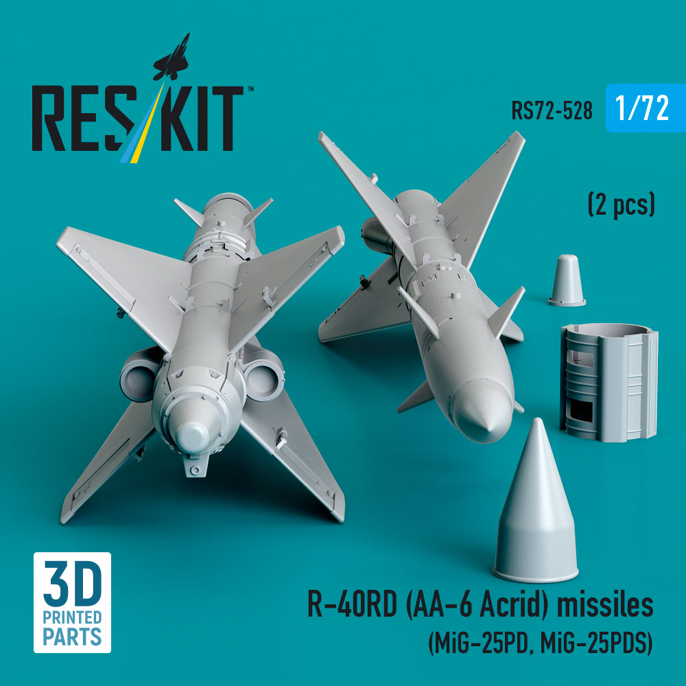 R-40RD (AA-6 Acrid) Missiles (2 pcs) (MiG-25PD, MiG-25PDS) (3D Printed) Scale 1:72 ResKit RS72-0528 for Aircraft Model Kit