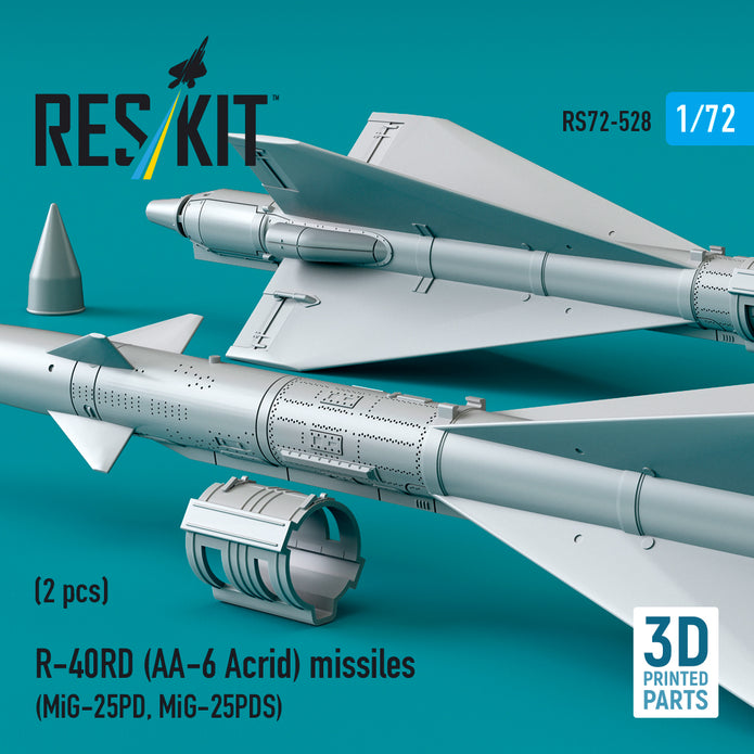 R-40RD (AA-6 Acrid) Missiles (2 pcs) (MiG-25PD, MiG-25PDS) (3D Printed) Scale 1:72 ResKit RS72-0528 for Aircraft Model Kit
