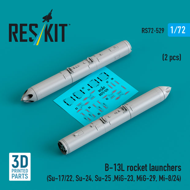 B-13L Rocket Launchers (2 pcs) (Su-17/22, Su-24, Su-25 ,MiG-27, MiG-29) (3D Printed) Scale 1:72 ResKit RS72-0529 for Helicopters / Aircraft Model Kit