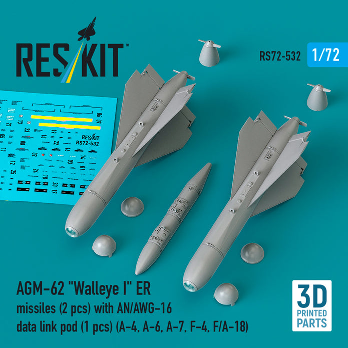 AGM-62 Walleye I ER missiles (2 pcs) with AN/AWG-16 data link pod (1 pcs) (A-4, A-6, A-7, F-4, F/A-18) (3D Printed) Scale 1:72 ResKit RS72-0532