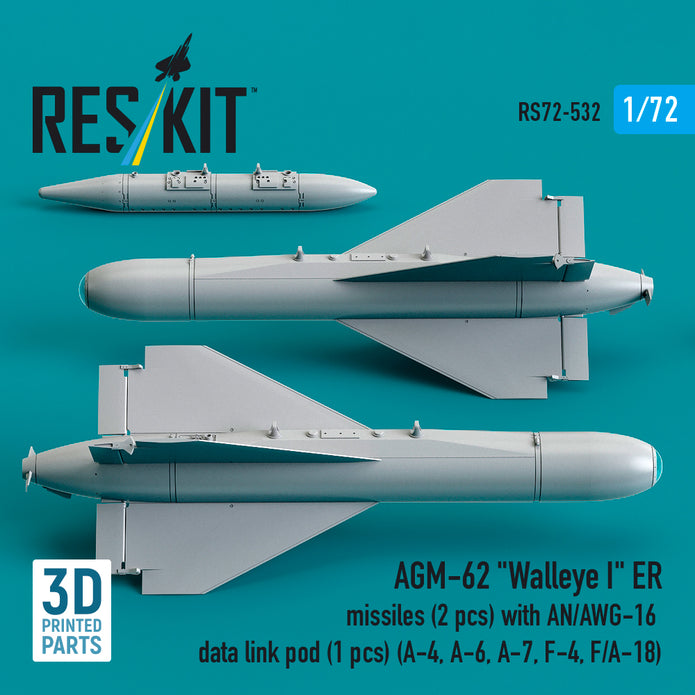 AGM-62 Walleye I ER missiles (2 pcs) with AN/AWG-16 data link pod (1 pcs) (A-4, A-6, A-7, F-4, F/A-18) (3D Printed) Scale 1:72 ResKit RS72-0532