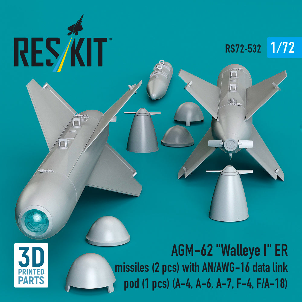 AGM-62 Walleye I ER missiles (2 pcs) with AN/AWG-16 data link pod (1 pcs) (A-4, A-6, A-7, F-4, F/A-18) (3D Printed) Scale 1:72 ResKit RS72-0532