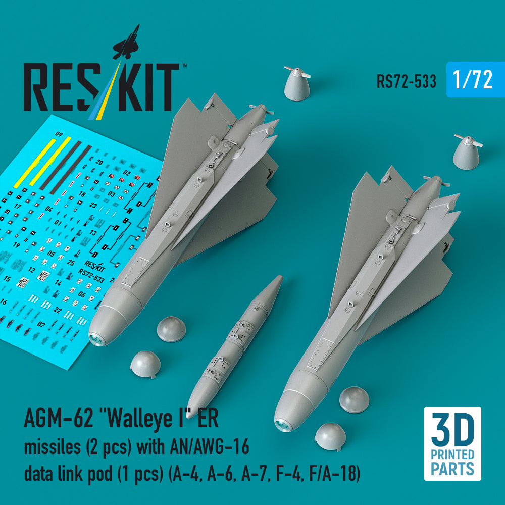 AGM-62 Walleye II ER missiles (2 pcs) with AN/AWG-16 data link pod (1 pcs) (A-4, A-6, A-7, F-4, F/A-18) (3D Printed) Scale 1:72 ResKit RS72-0533
