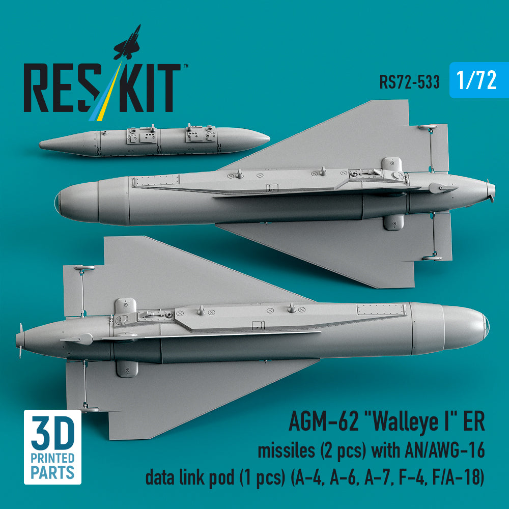 AGM-62 Walleye II ER missiles (2 pcs) with AN/AWG-16 data link pod (1 pcs) (A-4, A-6, A-7, F-4, F/A-18) (3D Printed) Scale 1:72 ResKit RS72-0533