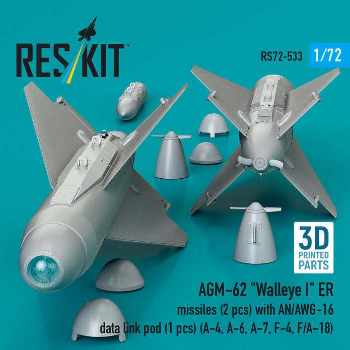 AGM-62 Walleye II ER missiles (2 pcs) with AN/AWG-16 data link pod (1 pcs) (A-4, A-6, A-7, F-4, F/A-18) (3D Printed) Scale 1:72 ResKit RS72-0533