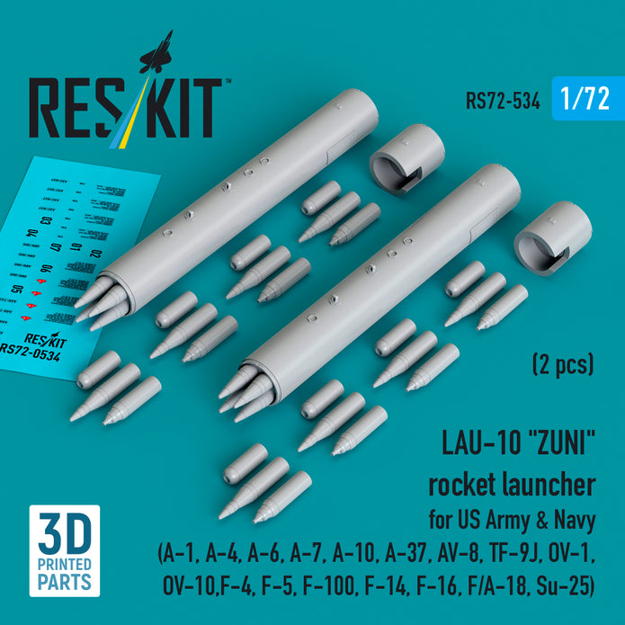 LAU-10 ZUNI rocket launcher for US Army & Navy (2 pcs) (A-1, A-4, A-6, A-7, A-10, A-37, AV-8, TF-9J, OV-1, OV-10, F-4, F-5, F-100, F-14, F-16, F/A-18, Su-25) (3D Printed) Scale 1:72 ResKit RS72-0534