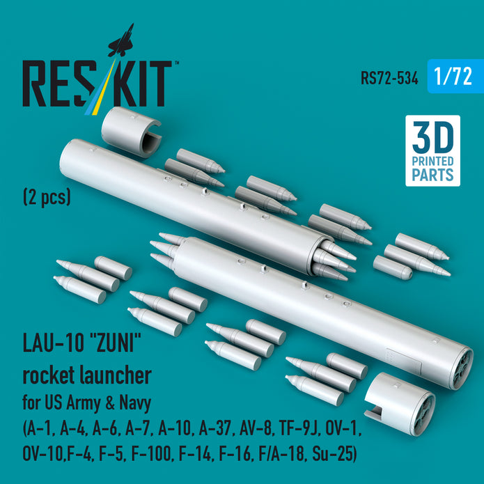 LAU-10 ZUNI rocket launcher for US Army & Navy (2 pcs) (A-1, A-4, A-6, A-7, A-10, A-37, AV-8, TF-9J, OV-1, OV-10, F-4, F-5, F-100, F-14, F-16, F/A-18, Su-25) (3D Printed) Scale 1:72 ResKit RS72-0534