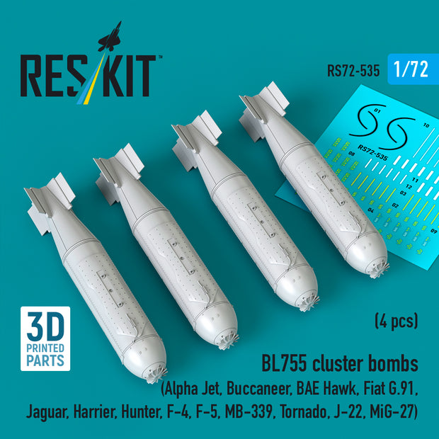 BL755 cluster bombs (4 pcs) (Alpha Jet, Buccaneer, BAE Hawk, Fiat G.91, Jaguar, Harrier, Hunter, F-4, F-5, MB-339, Tornado, J-22, MiG-27) (3D Printed) Scale 1:72 ResKit RS72-0535