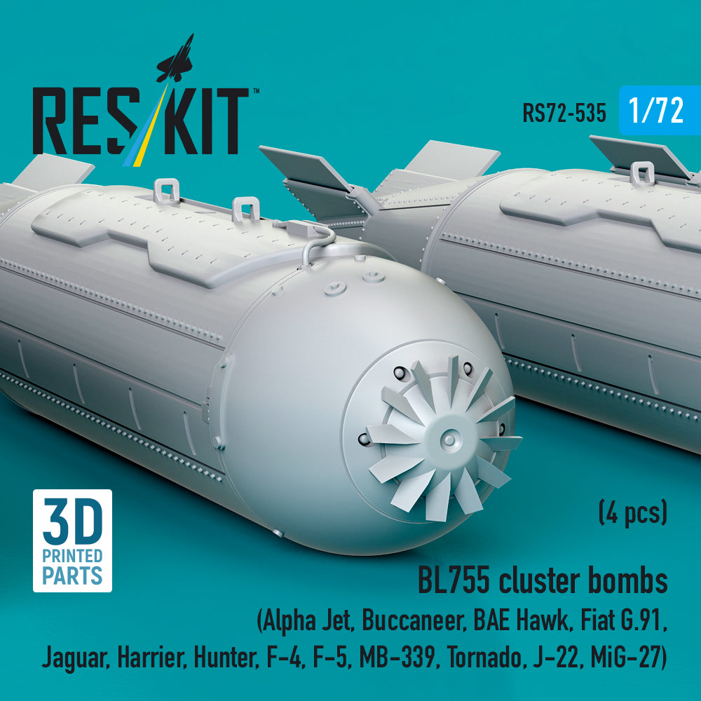 BL755 cluster bombs (4 pcs) (Alpha Jet, Buccaneer, BAE Hawk, Fiat G.91, Jaguar, Harrier, Hunter, F-4, F-5, MB-339, Tornado, J-22, MiG-27) (3D Printed) Scale 1:72 ResKit RS72-0535