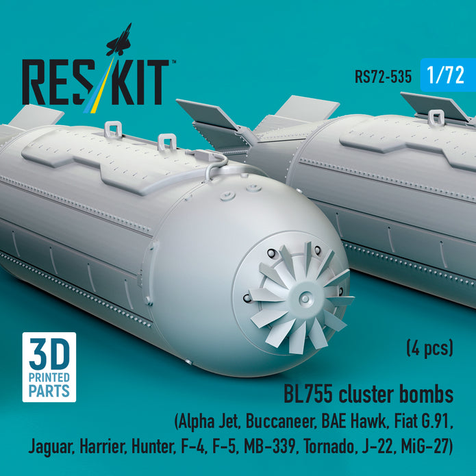 BL755 cluster bombs (4 pcs) (Alpha Jet, Buccaneer, BAE Hawk, Fiat G.91, Jaguar, Harrier, Hunter, F-4, F-5, MB-339, Tornado, J-22, MiG-27) (3D Printed) Scale 1:72 ResKit RS72-0535