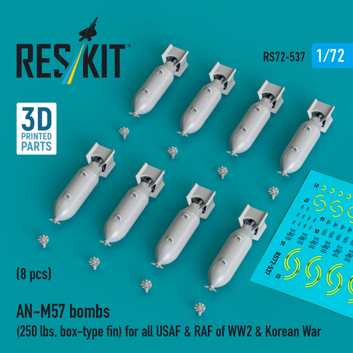 AN-M57 bombs (250 lbs, box-type fin) for all USAF & RAF of WW2 (8 pcs) (3D Printed) Scale 1:72 ResKit RS72-0537