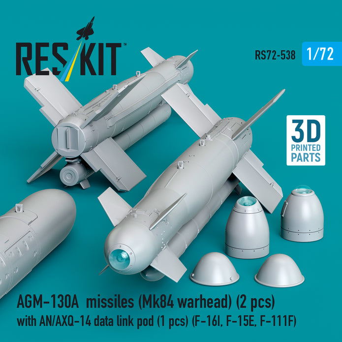 AGM-130A missiles (Mk84 warhead) (2 pcs) with AN/AXQ-14 data link pod (1 pcs) (F-16I, F-15E, F-111F) (3D Printed) Scale 1:72 ResKit RS72-0538