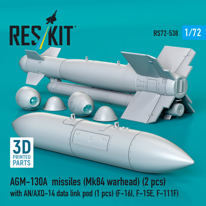 AGM-130A missiles (Mk84 warhead) (2 pcs) with AN/AXQ-14 data link pod (1 pcs) (F-16I, F-15E, F-111F) (3D Printed) Scale 1:72 ResKit RS72-0538