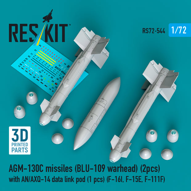 AGM-130C missiles (BLU-109 warhead) (2 pcs) with AN/AXQ-14 data link pod (1 pcs) (F-16I, F-15E, F-111F) (3D Printed) Scale 1:72 ResKit RS72-0544