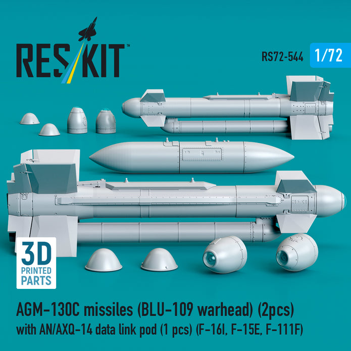 AGM-130C missiles (BLU-109 warhead) (2 pcs) with AN/AXQ-14 data link pod (1 pcs) (F-16I, F-15E, F-111F) (3D Printed) Scale 1:72 ResKit RS72-0544