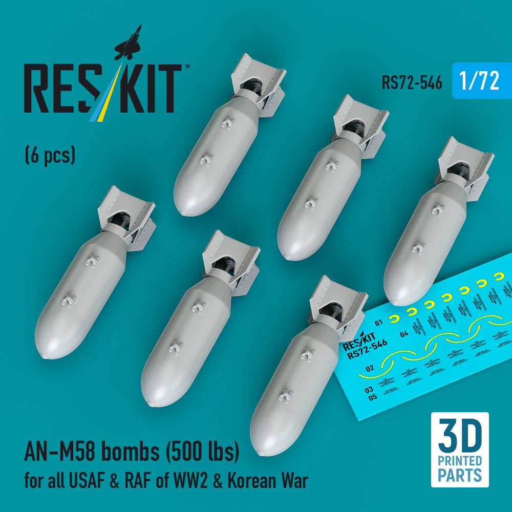 AN-M58 bombs (500 lbs) for all USAF & RAF of WW2 (6 pcs) (3D Printed) Scale 1:72 ResKit RS72-0546