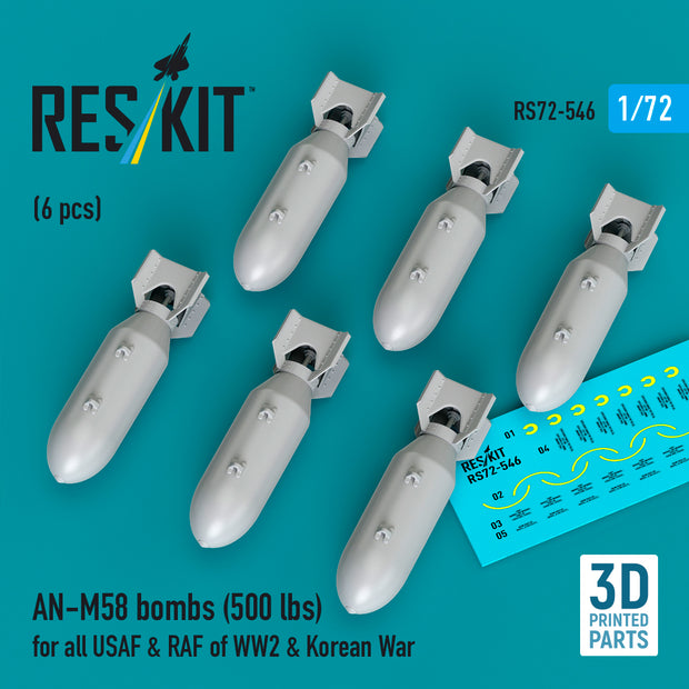 AN-M58 bombs (500 lbs) for all USAF & RAF of WW2 & Korean War (6 pcs) (3D Printed) Scale 1:72 ResKit RS72-0546
