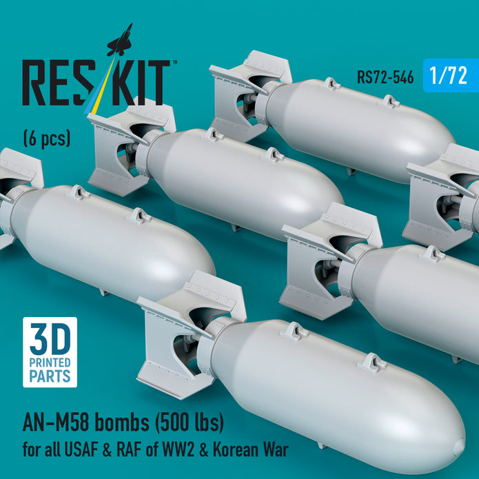 AN-M58 bombs (500 lbs) for all USAF & RAF of WW2 (6 pcs) (3D Printed) Scale 1:72 ResKit RS72-0546