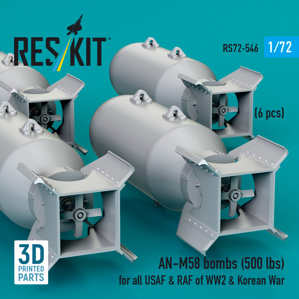 AN-M58 bombs (500 lbs) for all USAF & RAF of WW2 (6 pcs) (3D Printed) Scale 1:72 ResKit RS72-0546