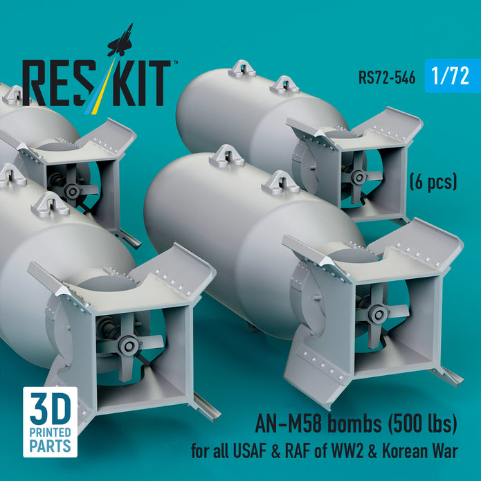 AN-M58 bombs (500 lbs) for all USAF & RAF of WW2 (6 pcs) (3D Printed) Scale 1:72 ResKit RS72-0546