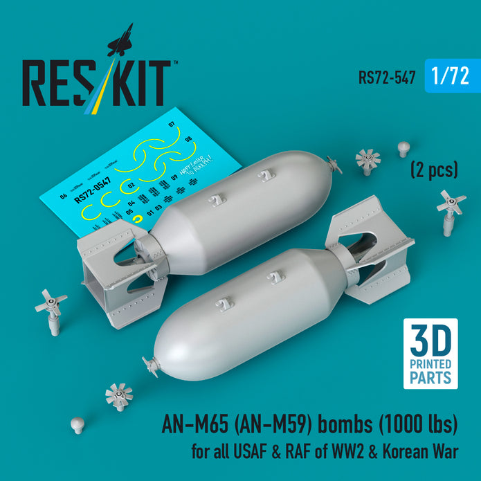 AN-M65 (AN-M59) bombs (1000 lbs) for all USAF & RAF of WW2 (2 pcs) (3D Printed) Scale 1:72 ResKit RS72-0547