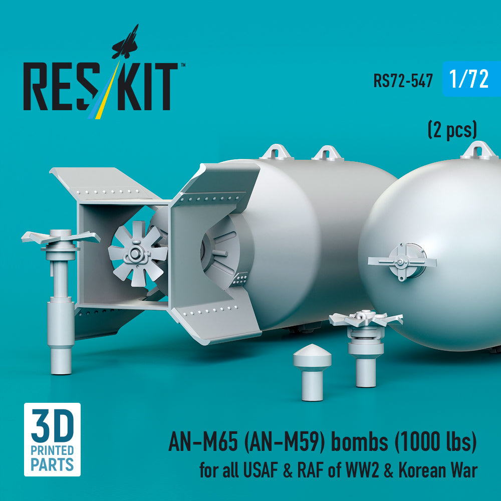 AN-M65 (AN-M59) bombs (1000 lbs) for all USAF & RAF of WW2 (2 pcs) (3D Printed) Scale 1:72 ResKit RS72-0547