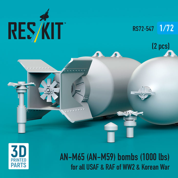 AN-M65 (AN-M59) bombs (1000 lbs) for all USAF & RAF of WW2 (2 pcs) (3D Printed) Scale 1:72 ResKit RS72-0547