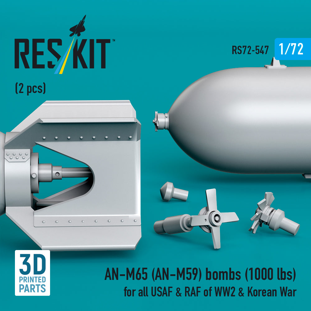 AN-M65 (AN-M59) bombs (1000 lbs) for all USAF & RAF of WW2 (2 pcs) (3D Printed) Scale 1:72 ResKit RS72-0547