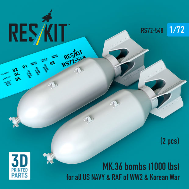 MK.36 bombs (1000 lbs) for all US NAVY & RAF of WW2 & Korean War (2 pcs) (3D Printed) Scale 1:72 ResKit RS72-0548