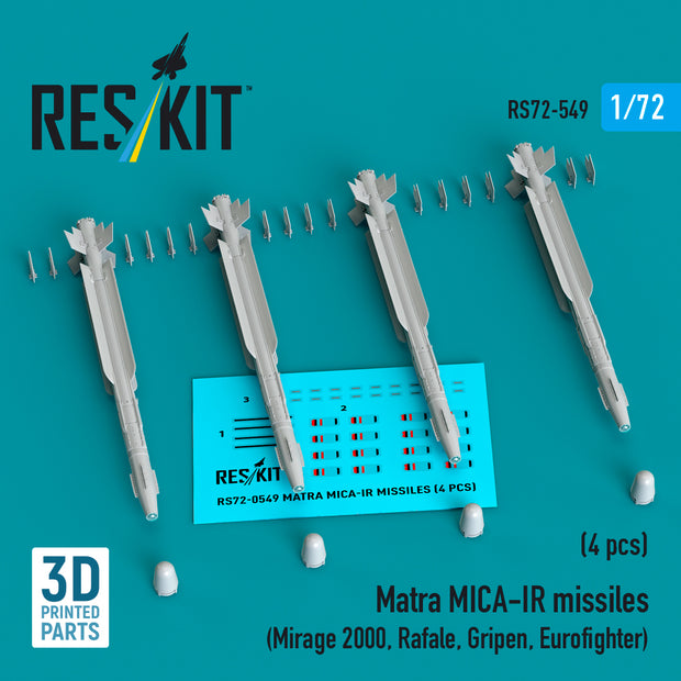 Matra MICA-IR missiles (4 pcs) (Mirage 2000, Rafale, Gripen, Eurofighter) (3D Printed) Scale 1:72 ResKit RS72-0549