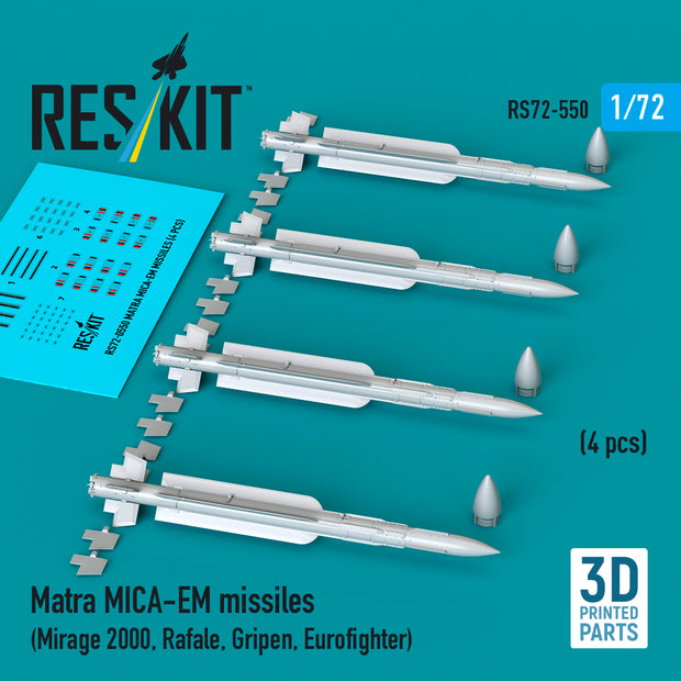 Matra MICA-EM missiles (4 pcs) (Mirage 2000, Rafale, Gripen, Eurofighter) (3D Printed) Scale 1:72 ResKit RS72-0550