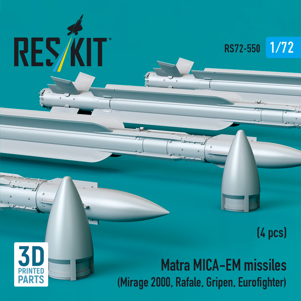 Matra MICA-EM missiles (4 pcs) (Mirage 2000, Rafale, Gripen, Eurofighter) (3D Printed) Scale 1:72 ResKit RS72-0550