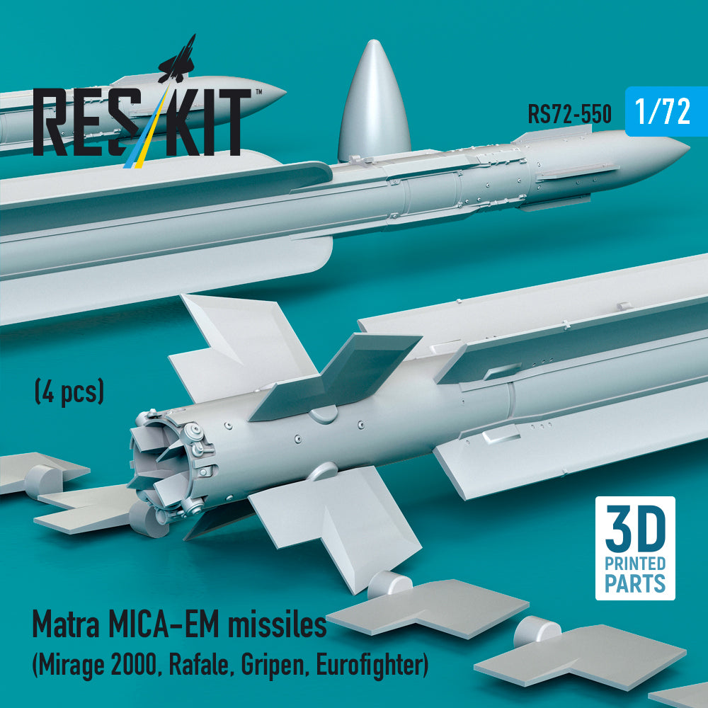 Matra MICA-EM missiles (4 pcs) (Mirage 2000, Rafale, Gripen, Eurofighter) (3D Printed) Scale 1:72 ResKit RS72-0550