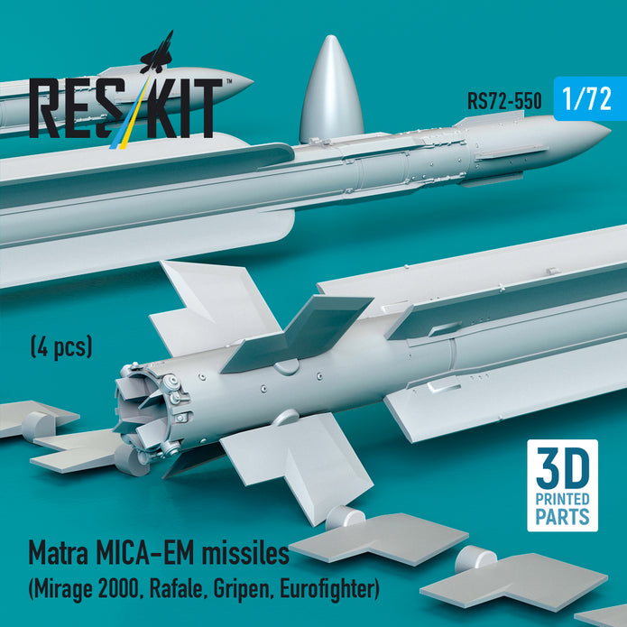 Matra MICA-EM missiles (4 pcs) (Mirage 2000, Rafale, Gripen, Eurofighter) (3D Printed) Scale 1:72 ResKit RS72-0550
