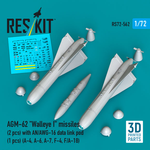 AGM-62 Walleye I missiles (2 pcs) with AN/AWG-16 data link pod (1 pcs) (A-4, A-6, A-7, F-4, F/A-18) (3D Printed) Scale 1:72 ResKit RS72-0562