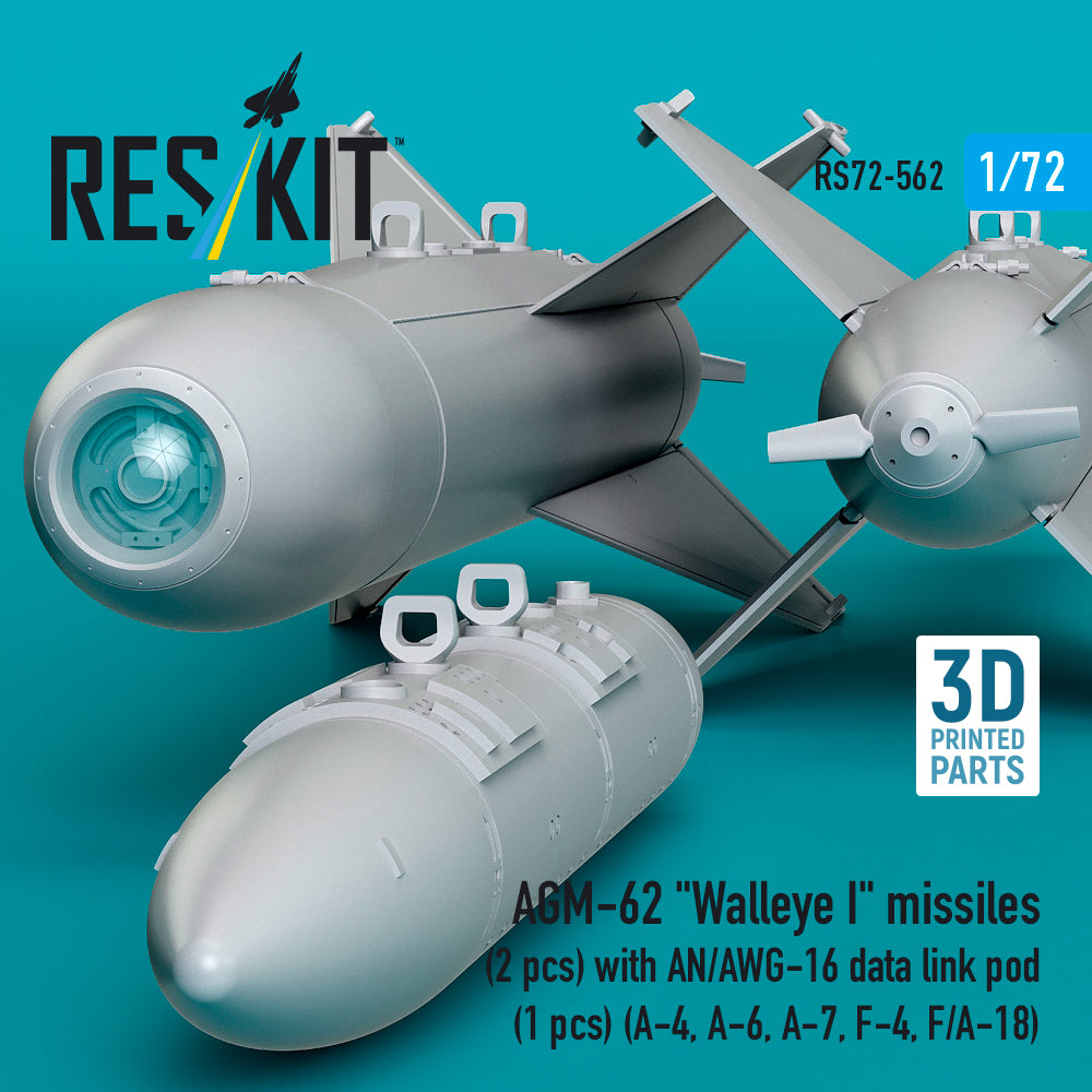 AGM-62 Walleye I missiles (2 pcs) with AN/AWG-16 data link pod (1 pcs) (A-4, A-6, A-7, F-4, F/A-18) (3D Printed) Scale 1:72 ResKit RS72-0562