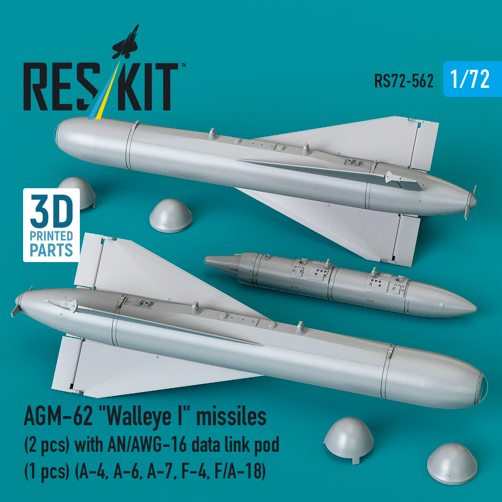 AGM-62 Walleye I missiles (2 pcs) with AN/AWG-16 data link pod (1 pcs) (A-4, A-6, A-7, F-4, F/A-18) (3D Printed) Scale 1:72 ResKit RS72-0562