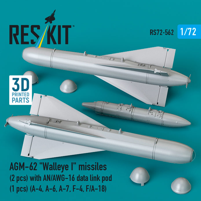 AGM-62 Walleye I missiles (2 pcs) with AN/AWG-16 data link pod (1 pcs) (A-4, A-6, A-7, F-4, F/A-18) (3D Printed) Scale 1:72 ResKit RS72-0562