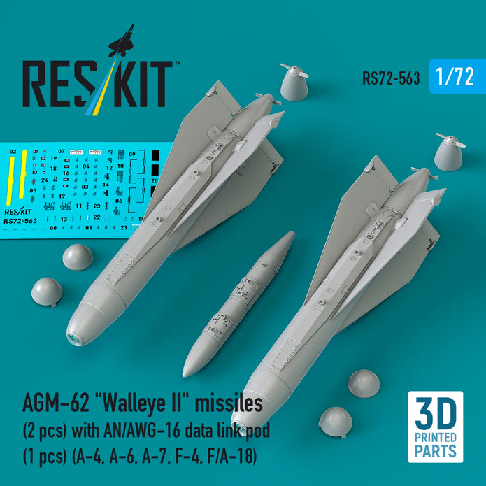 AGM-62 Walleye II missiles (2 pcs) with AN/AWG-16 data link pod (1 pcs) (A-4, A-6, A-7, F-4, F/A-18) (3D Printed) Scale 1:72 ResKit RS72-0563