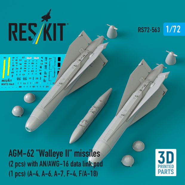 AGM-62 Walleye II missiles (2 pcs) with AN/AWG-16 data link pod (1 pcs) (A-4, A-6, A-7, F-4, F/A-18) (3D Printed) Scale 1:72 ResKit RS72-0563
