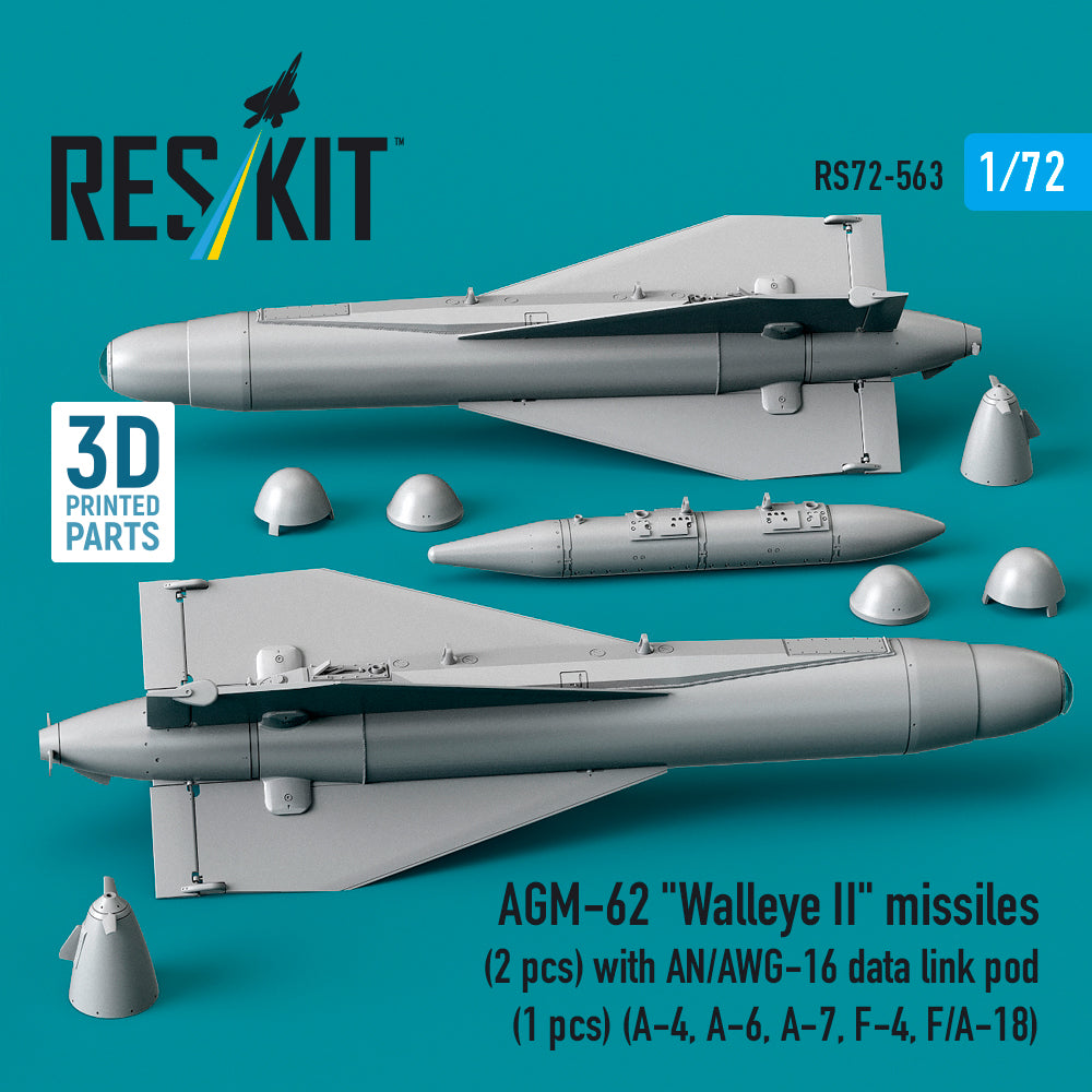 AGM-62 Walleye II missiles (2 pcs) with AN/AWG-16 data link pod (1 pcs) (A-4, A-6, A-7, F-4, F/A-18) (3D Printed) Scale 1:72 ResKit RS72-0563