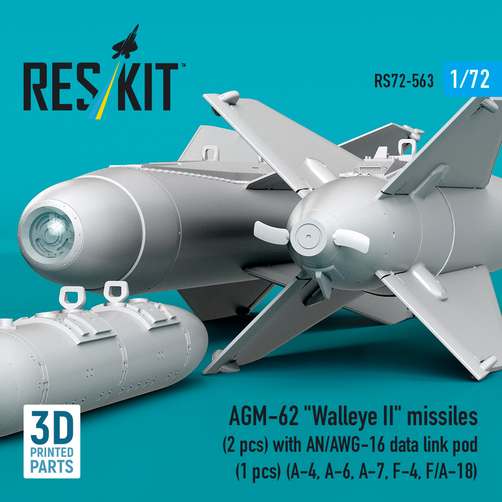 AGM-62 Walleye II missiles (2 pcs) with AN/AWG-16 data link pod (1 pcs) (A-4, A-6, A-7, F-4, F/A-18) (3D Printed) Scale 1:72 ResKit RS72-0563